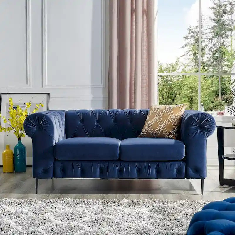 Diván tapizado con capitoné de terciopelo azul francés / gris / azul marino / verde azulado, 2 plazas