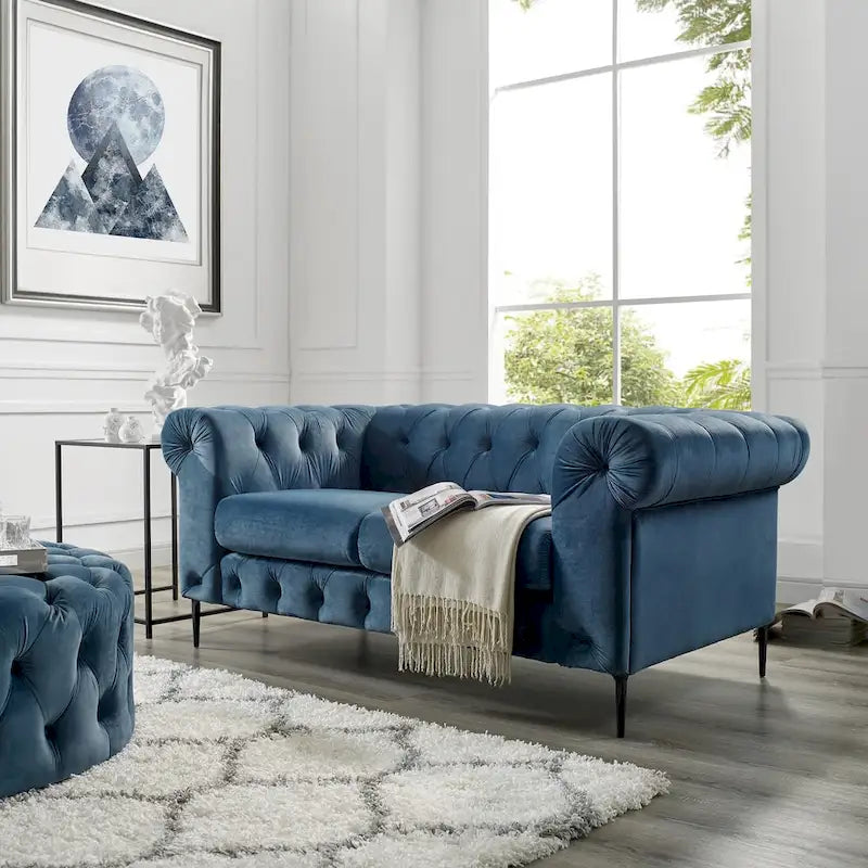 Diván tapizado con capitoné de terciopelo azul francés / gris / azul marino / verde azulado, 2 plazas