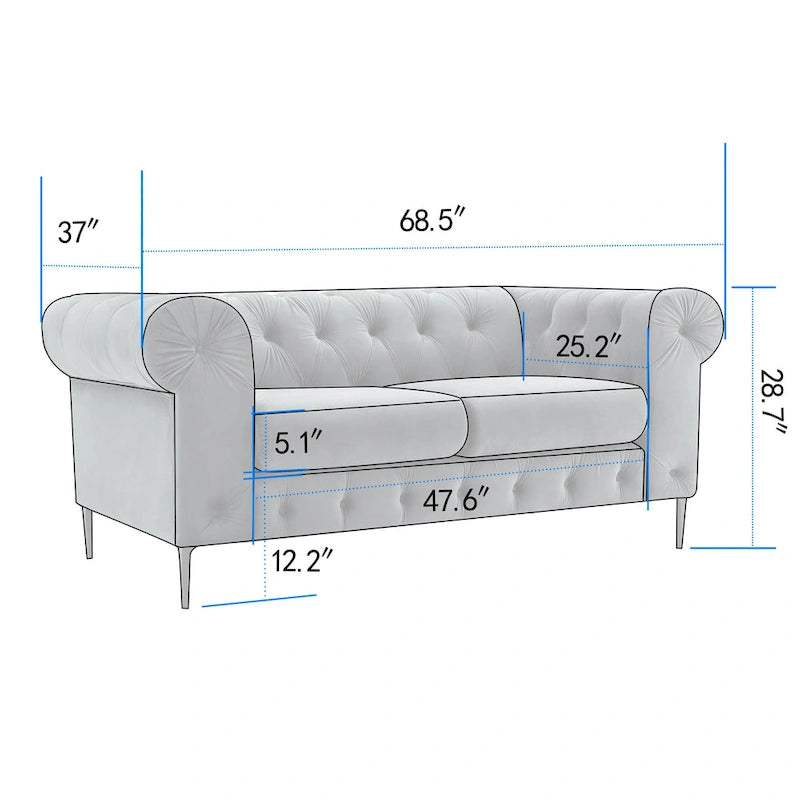 Diván tapizado con capitoné de terciopelo azul francés / gris / azul marino / verde azulado, 2 plazas