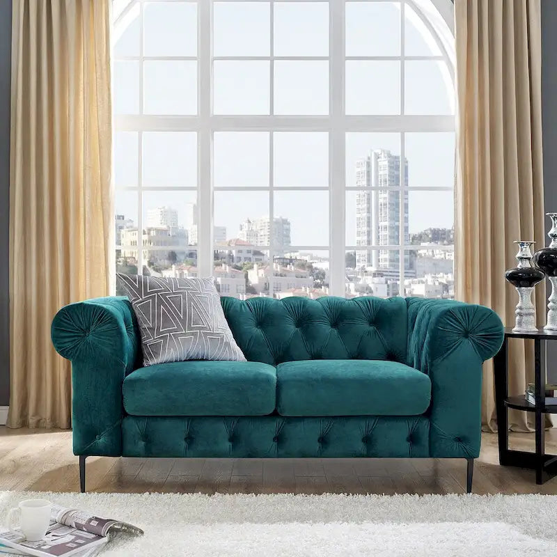 Diván tapizado con capitoné de terciopelo azul francés / gris / azul marino / verde azulado, 2 plazas