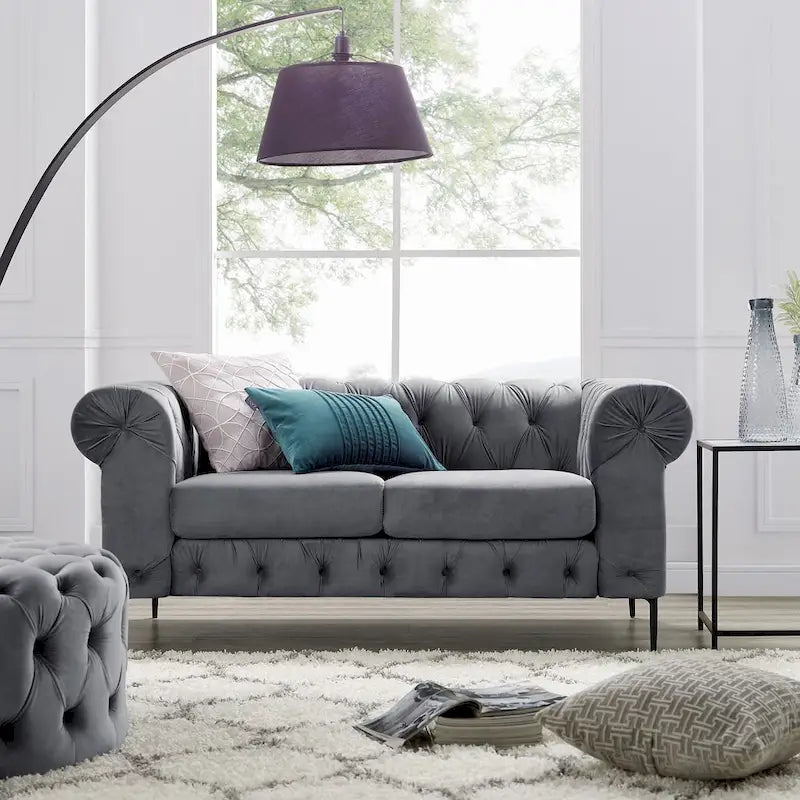 Diván tapizado con capitoné de terciopelo azul francés / gris / azul marino / verde azulado, 2 plazas