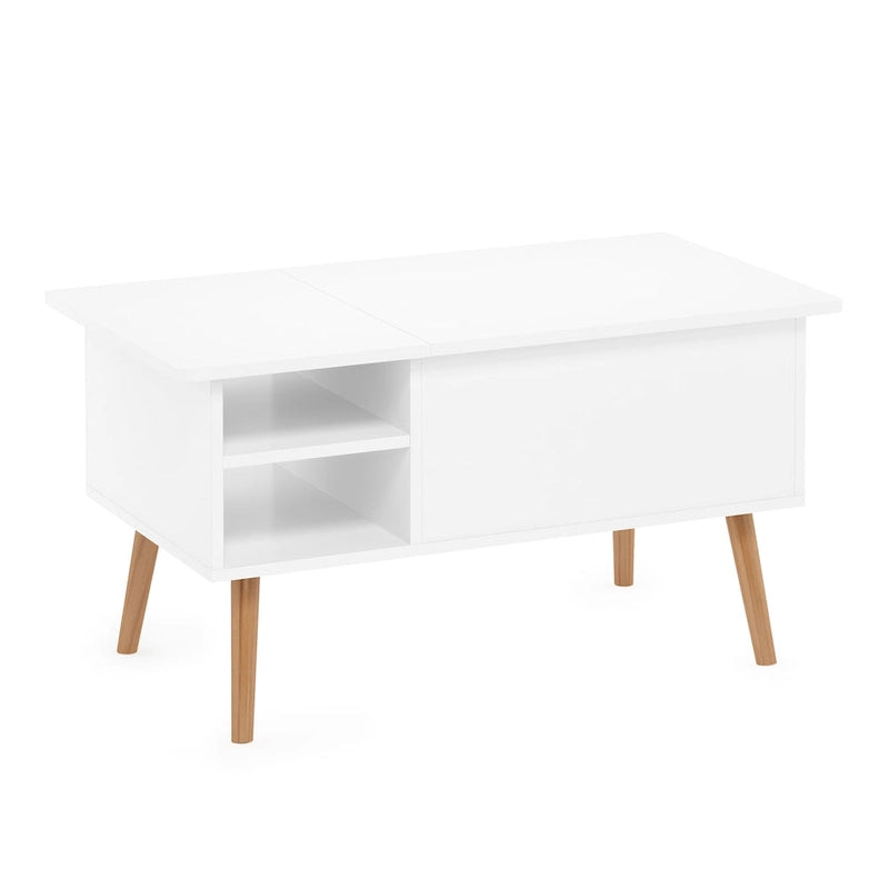 Mesa de centro elevable con patas de madera, americano / blanco macizo / roble francés gris, capacidad para 1
