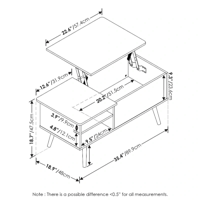 Mesa de centro elevable con patas de madera, americano / blanco macizo / roble francés gris, capacidad para 1