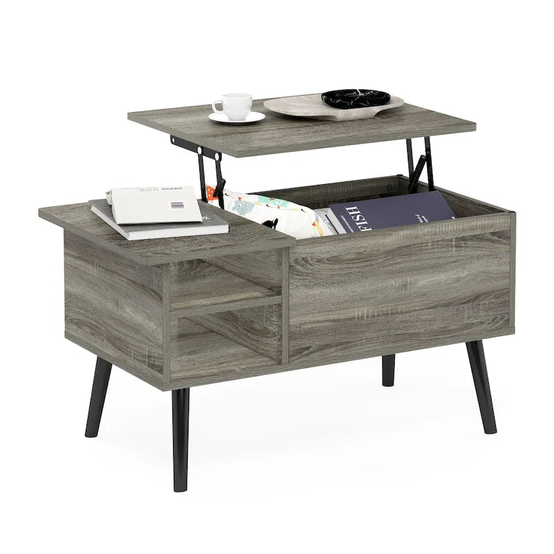 Mesa de centro elevable con patas de madera, americano / blanco macizo / roble francés gris, capacidad para 1