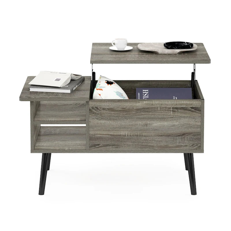 Mesa de centro elevable con patas de madera, americano / blanco macizo / roble francés gris, capacidad para 1
