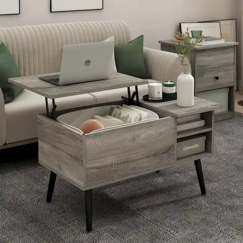 Mesa de centro elevable con patas de madera, americano / blanco macizo / roble francés gris, capacidad para 1