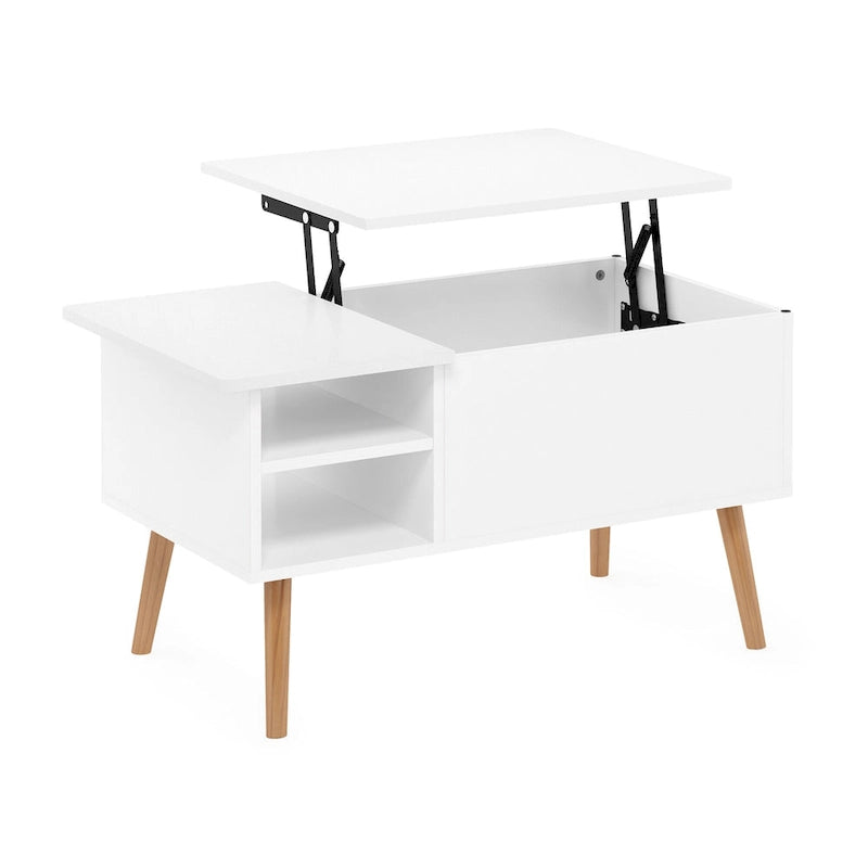 Mesa de centro elevable con patas de madera, americano / blanco macizo / roble francés gris, capacidad para 1