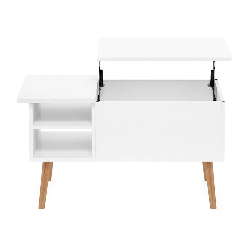 Mesa de centro elevable con patas de madera, americano / blanco macizo / roble francés gris, capacidad para 1