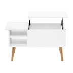 Mesa de centro elevable con patas de madera, americano / blanco macizo / roble francés gris, capacidad para 1
