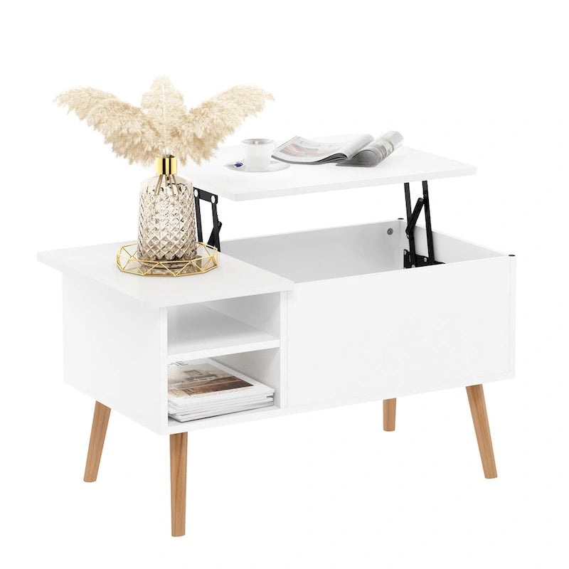 Mesa de centro elevable con patas de madera, americano / blanco macizo / roble francés gris, capacidad para 1