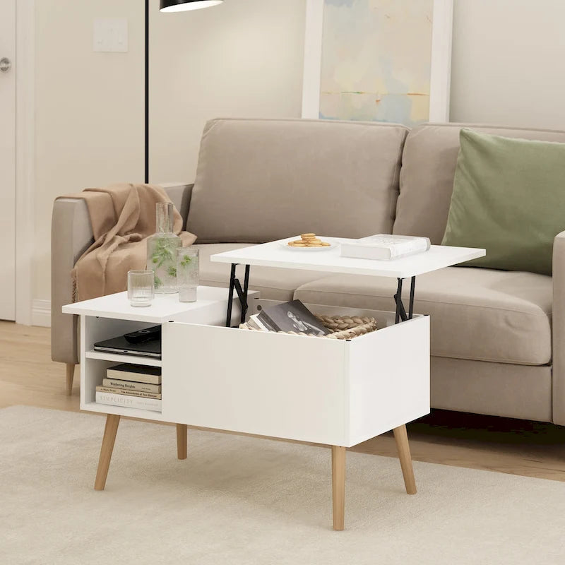 Mesa de centro elevable con patas de madera, americano / blanco macizo / roble francés gris, capacidad para 1
