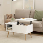 Mesa de centro elevable con patas de madera, americano / blanco macizo / roble francés gris, capacidad para 1