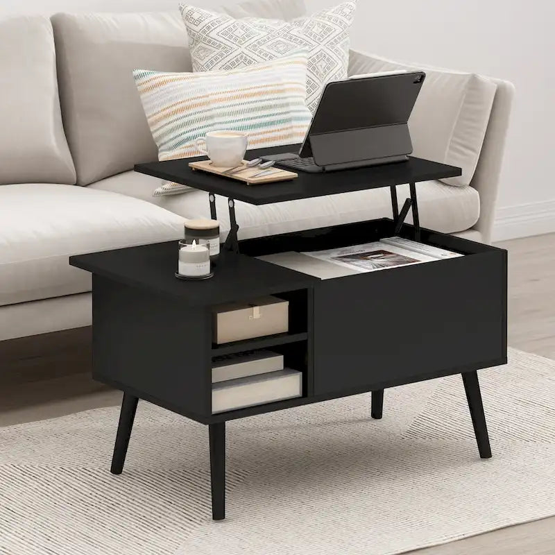 Mesa de centro elevable con patas de madera, americano / blanco macizo / roble francés gris, capacidad para 1