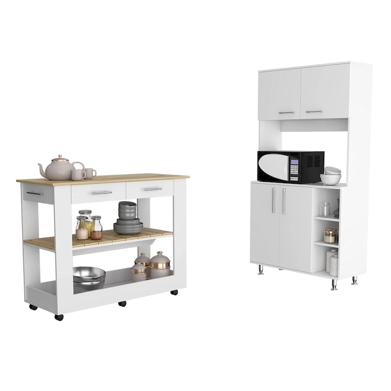 Juego de cocina de 2 piezas (isla + alacena) en blanco y roble claro, para hogar de 1 persona
