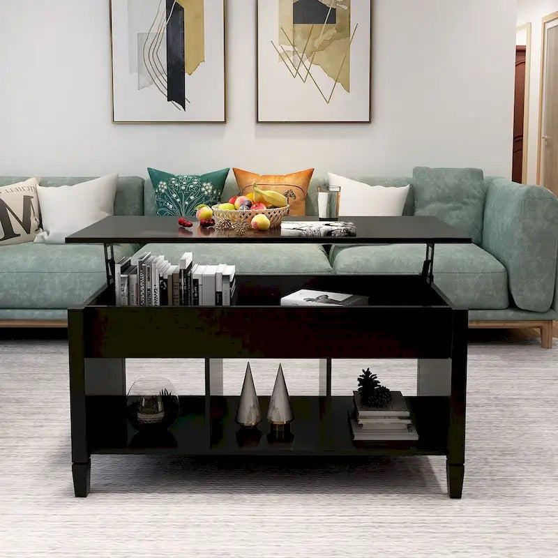 Mesa de centro negra elevable con estantes de almacenamiento, MDF