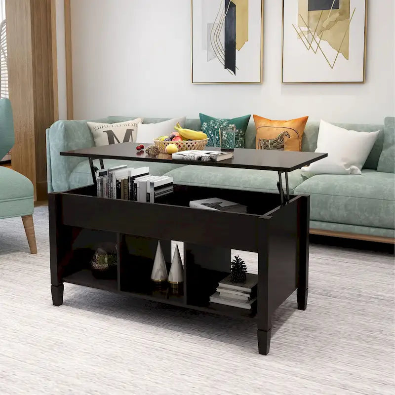 Mesa de centro negra elevable con estantes de almacenamiento, MDF