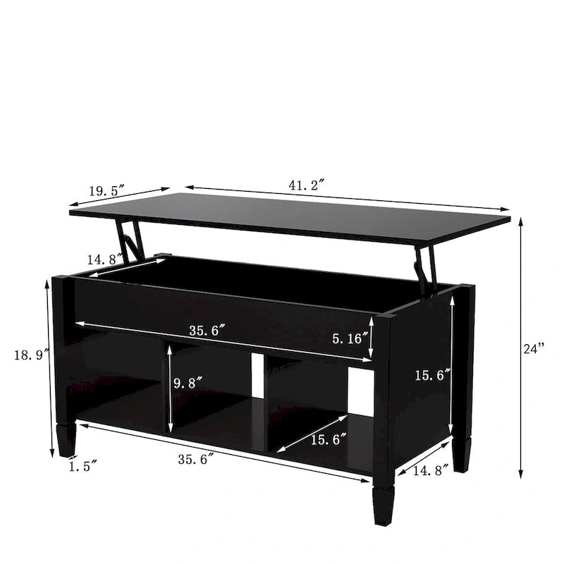 Mesa de centro negra elevable con estantes de almacenamiento, MDF