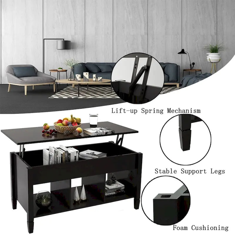 Mesa de centro negra elevable con estantes de almacenamiento, MDF