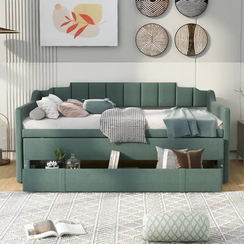 Cama nido doble tapizada en gris/verde/beige con somier extraíble y 3 cajones, capacidad para 2 personas