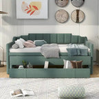 Cama nido doble tapizada en gris/verde/beige con somier extraíble y 3 cajones, capacidad para 2 personas