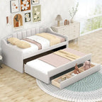 Cama nido doble tapizada en gris/verde/beige con somier extraíble y 3 cajones, capacidad para 2 personas