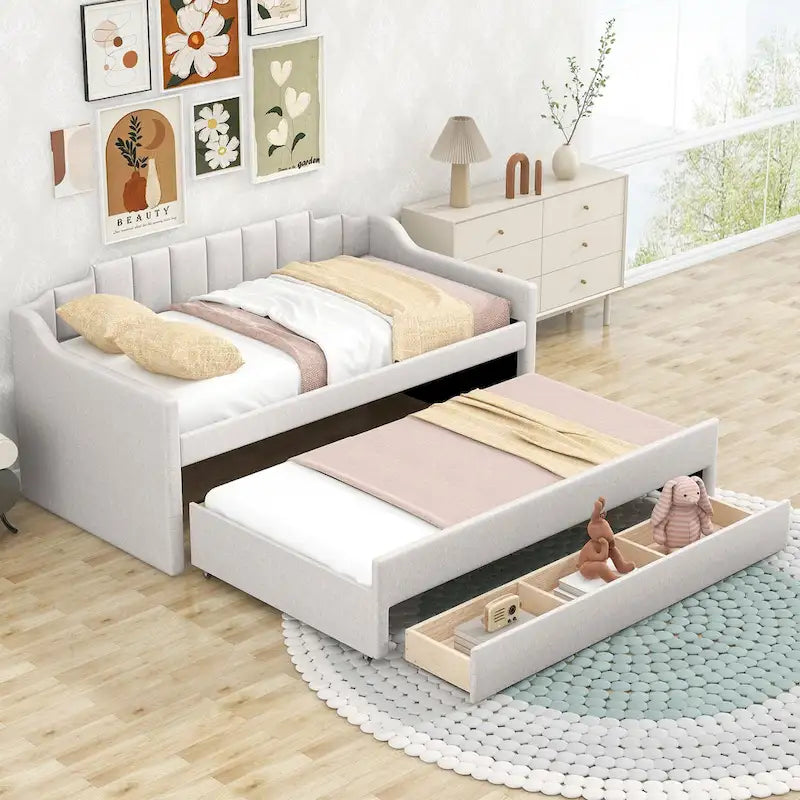 Cama nido doble tapizada en gris/verde/beige con somier extraíble y 3 cajones, capacidad para 2 personas