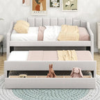 Cama nido doble tapizada en gris/verde/beige con somier extraíble y 3 cajones, capacidad para 2 personas