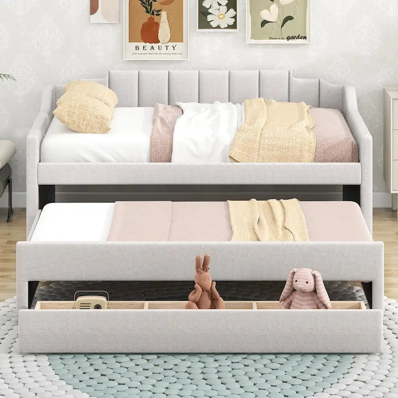 Cama nido doble tapizada en gris/verde/beige con somier extraíble y 3 cajones, capacidad para 2 personas