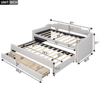 Cama nido doble tapizada en gris/verde/beige con somier extraíble y 3 cajones, capacidad para 2 personas