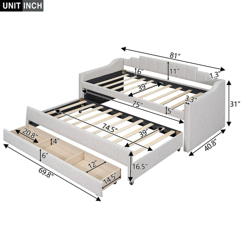 Cama nido doble tapizada en gris/verde/beige con somier extraíble y 3 cajones, capacidad para 2 personas