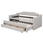 Cama nido doble tapizada en gris/verde/beige con somier extraíble y 3 cajones, capacidad para 2 personas
