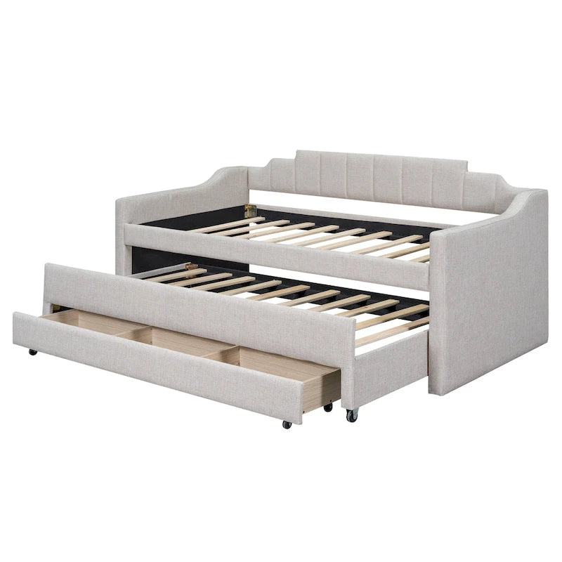 Cama nido doble tapizada en gris/verde/beige con somier extraíble y 3 cajones, capacidad para 2 personas