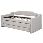 Cama nido doble tapizada en gris/verde/beige con somier extraíble y 3 cajones, capacidad para 2 personas