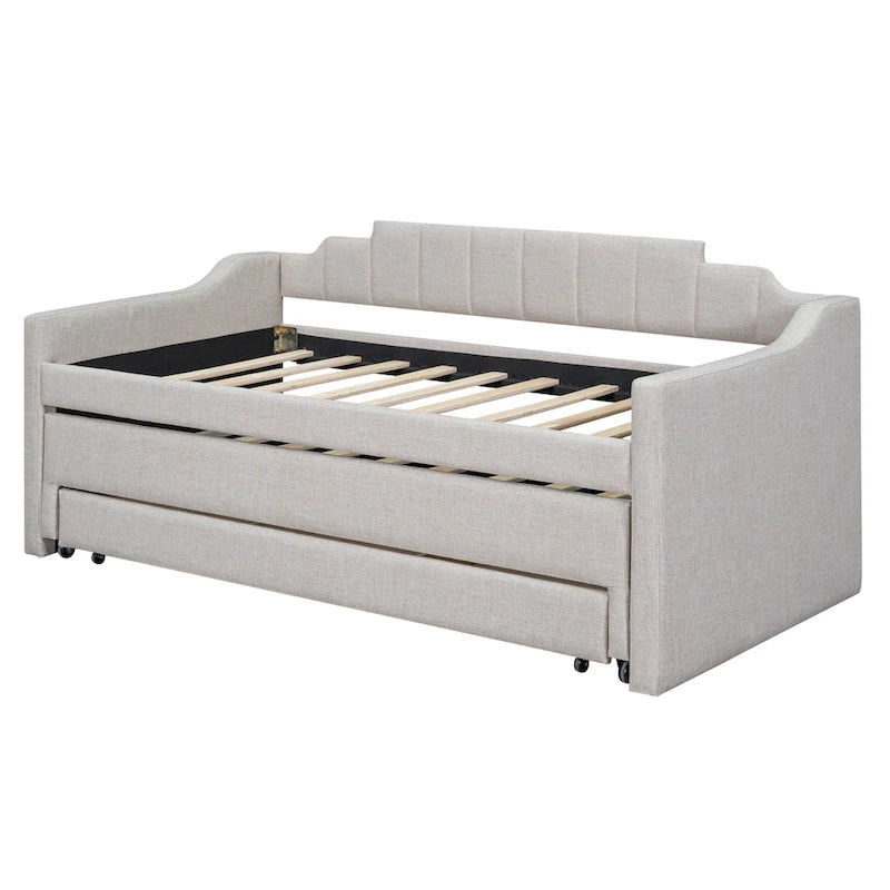 Cama nido doble tapizada en gris/verde/beige con somier extraíble y 3 cajones, capacidad para 2 personas