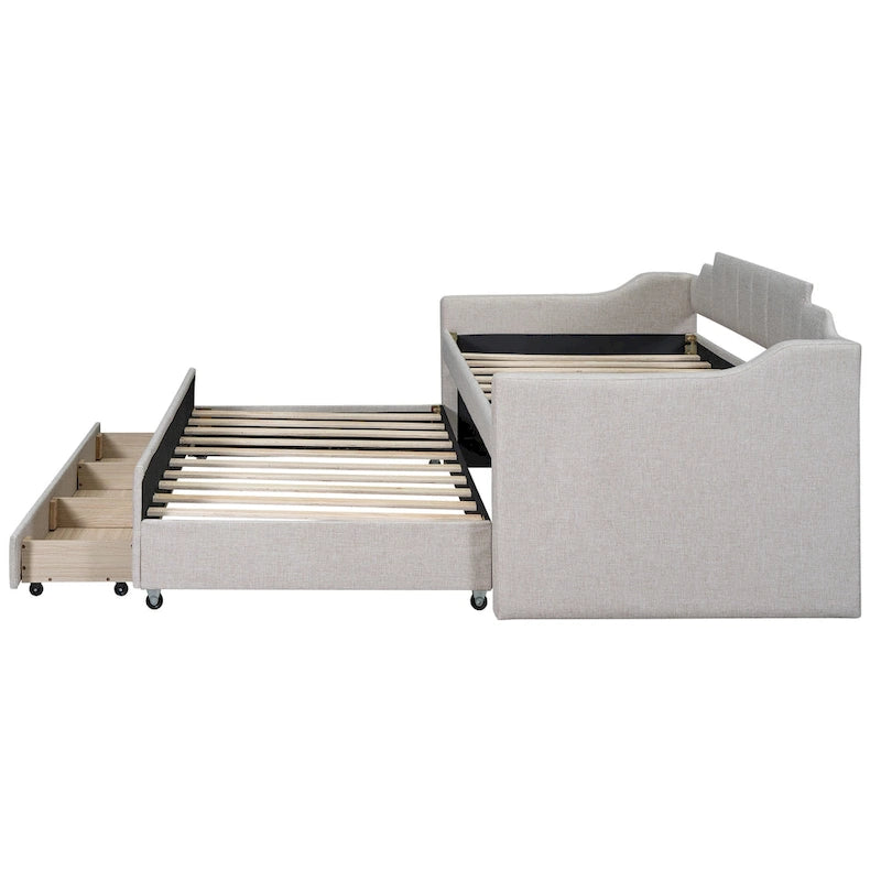Cama nido doble tapizada en gris/verde/beige con somier extraíble y 3 cajones, capacidad para 2 personas