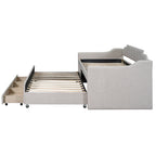 Cama nido doble tapizada en gris/verde/beige con somier extraíble y 3 cajones, capacidad para 2 personas