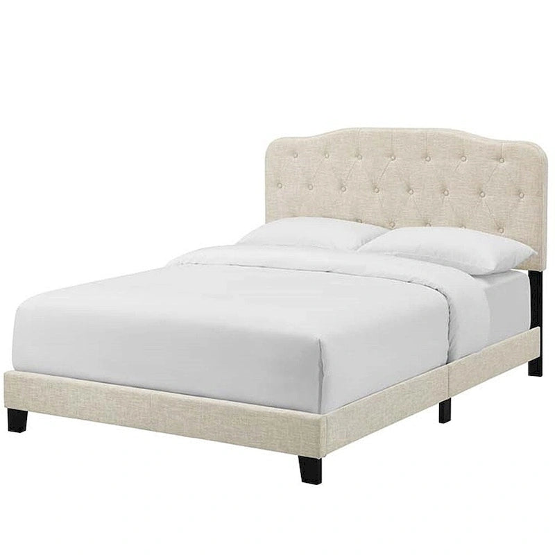 Cama de plataforma tamaño King de tela beige con cabecero tapizado con botones, para 2 personas