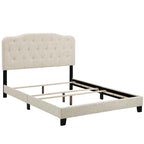 Cama de plataforma tamaño King de tela beige con cabecero tapizado con botones, para 2 personas