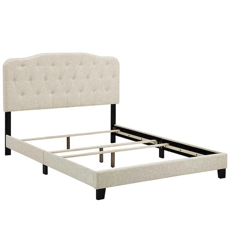 Cama de plataforma tamaño King de tela beige con cabecero tapizado con botones, para 2 personas