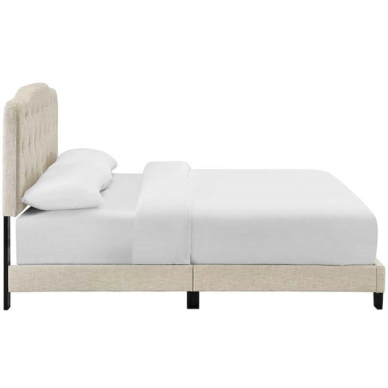Cama de plataforma tamaño King de tela beige con cabecero tapizado con botones, para 2 personas