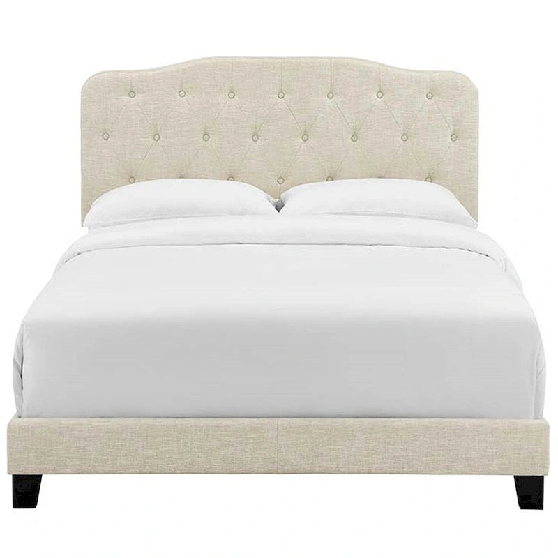 Cama de plataforma tamaño King de tela beige con cabecero tapizado con botones, para 2 personas