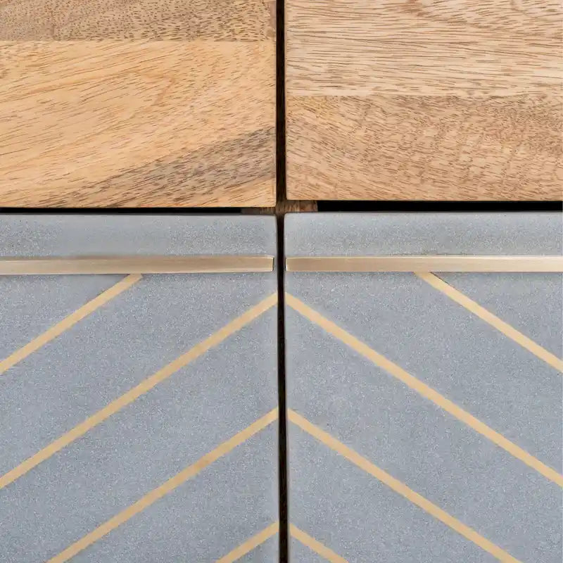 Cómoda de 6 cajones de cemento y madera natural con incrustaciones de latón en forma de espiga
