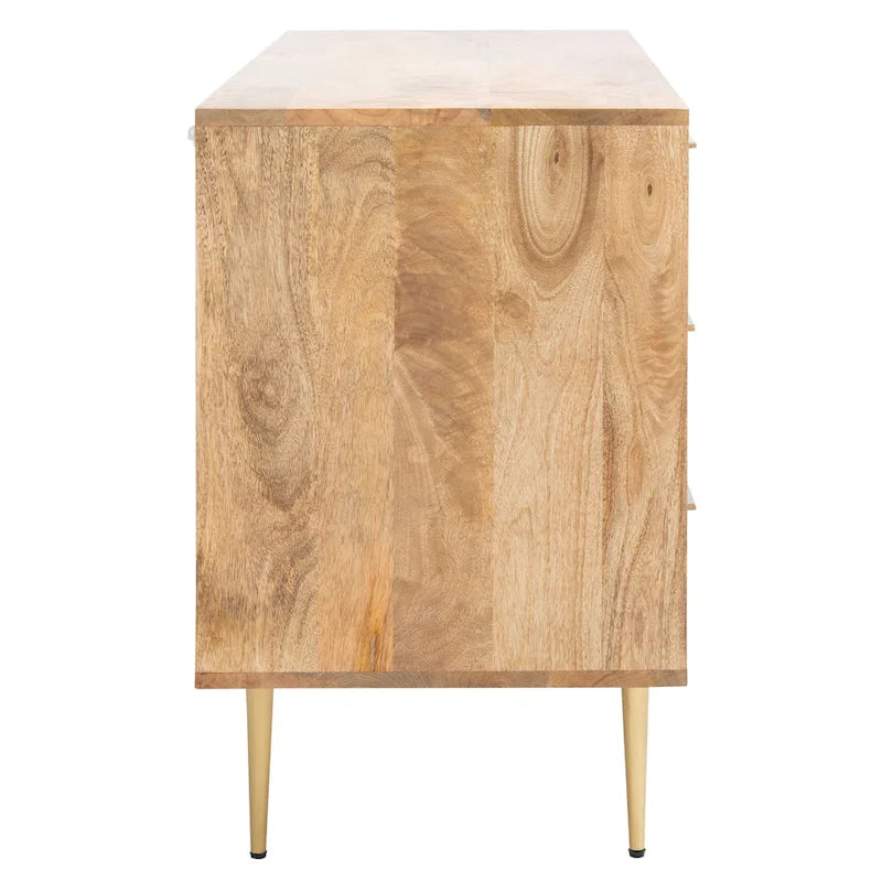 Cómoda de 6 cajones de cemento y madera natural con incrustaciones de latón en forma de espiga