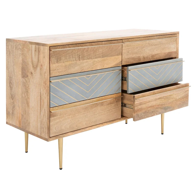 Cómoda de 6 cajones de cemento y madera natural con incrustaciones de latón en forma de espiga