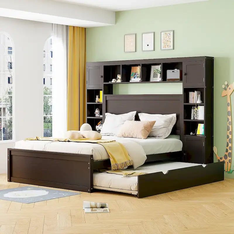 Cama Queen Size con almacenaje, nido, cajones y estantes en la cabecera, color espresso – Capacidad para 1–2 personas