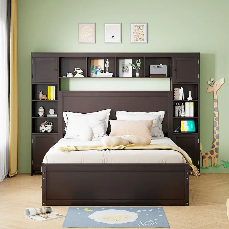 Cama Queen Size con almacenaje, nido, cajones y estantes en la cabecera, color espresso – Capacidad para 1–2 personas