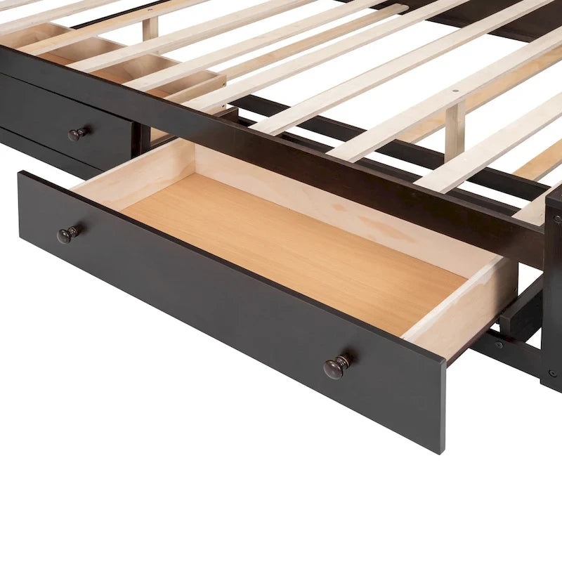 Cama Queen Size con almacenaje, nido, cajones y estantes en la cabecera, color espresso – Capacidad para 1–2 personas