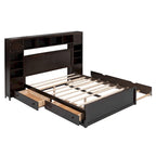 Cama Queen Size con almacenaje, nido, cajones y estantes en la cabecera, color espresso – Capacidad para 1–2 personas