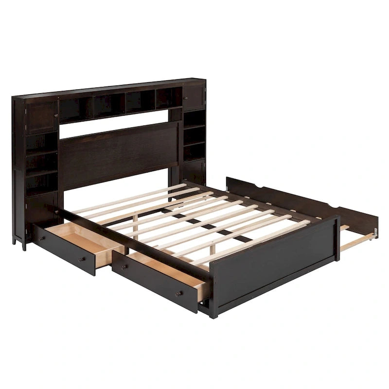 Cama Queen Size con almacenaje, nido, cajones y estantes en la cabecera, color espresso – Capacidad para 1–2 personas