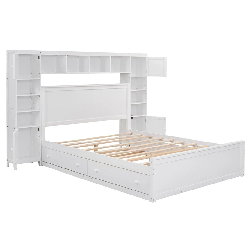 Cama Queen Size con almacenaje, nido, cajones y estantes en la cabecera, color espresso – Capacidad para 1–2 personas